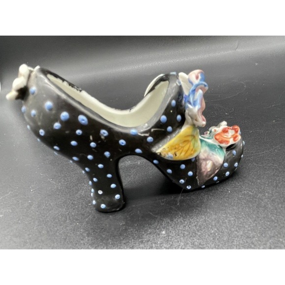 Ceramic High Heel Shoe Figurine Black & White Polka Dots & Flowers Japan Vintage - Picture 4 of 11